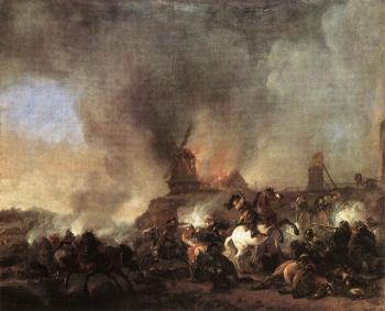 菲利普斯 沃夫曼 Cavalry Battle in front of a Burning Mill